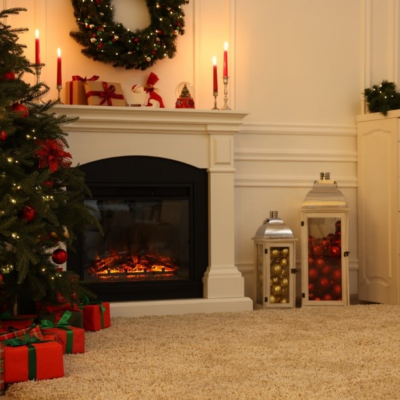 A christmas tree with presents under a fireplace Description automatically generated